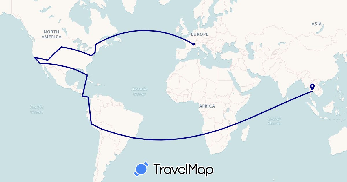 TravelMap itinerary: driving in Bolivia, Brazil, Canada, Costa Rica, France, Panama, Peru, Thailand, United States (Asia, Europe, North America, South America)
